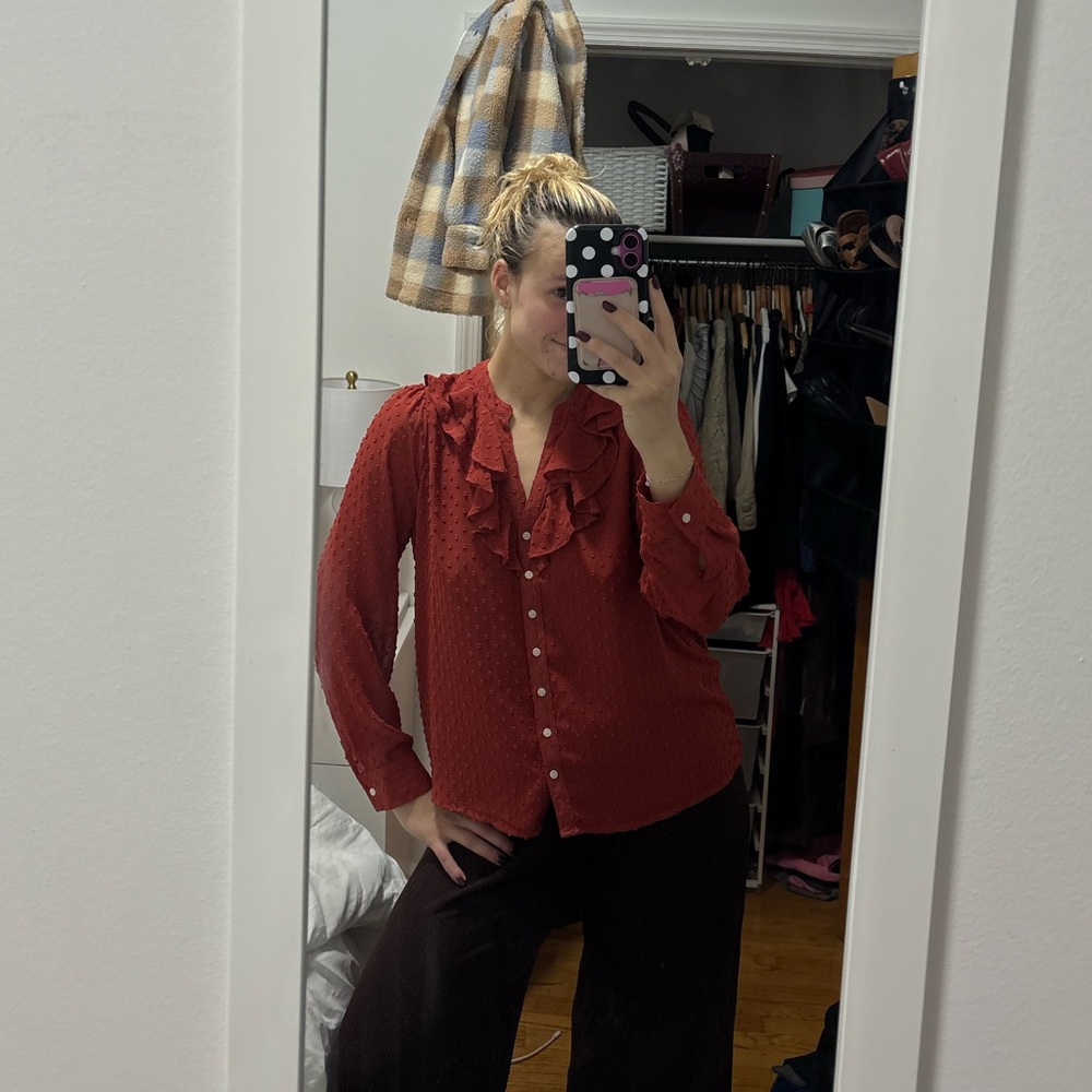 J. Crew Deep Red Ruffled Blouse - Picture 4 of 4